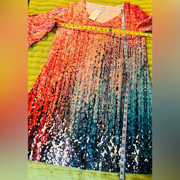 Ombre Bell Sleeve Dress V Neck Pink Teal Abstract Sz L NWT - Picture 8 of 9